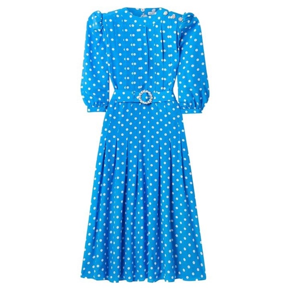 Azure Blue Alessandra Rich Pleated Embellished Silk Crepe de Chine Dress - Picture 3 of 16